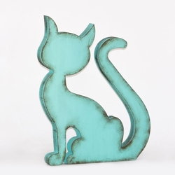  - Dekoratif Ahşap Kedi Turkuaz